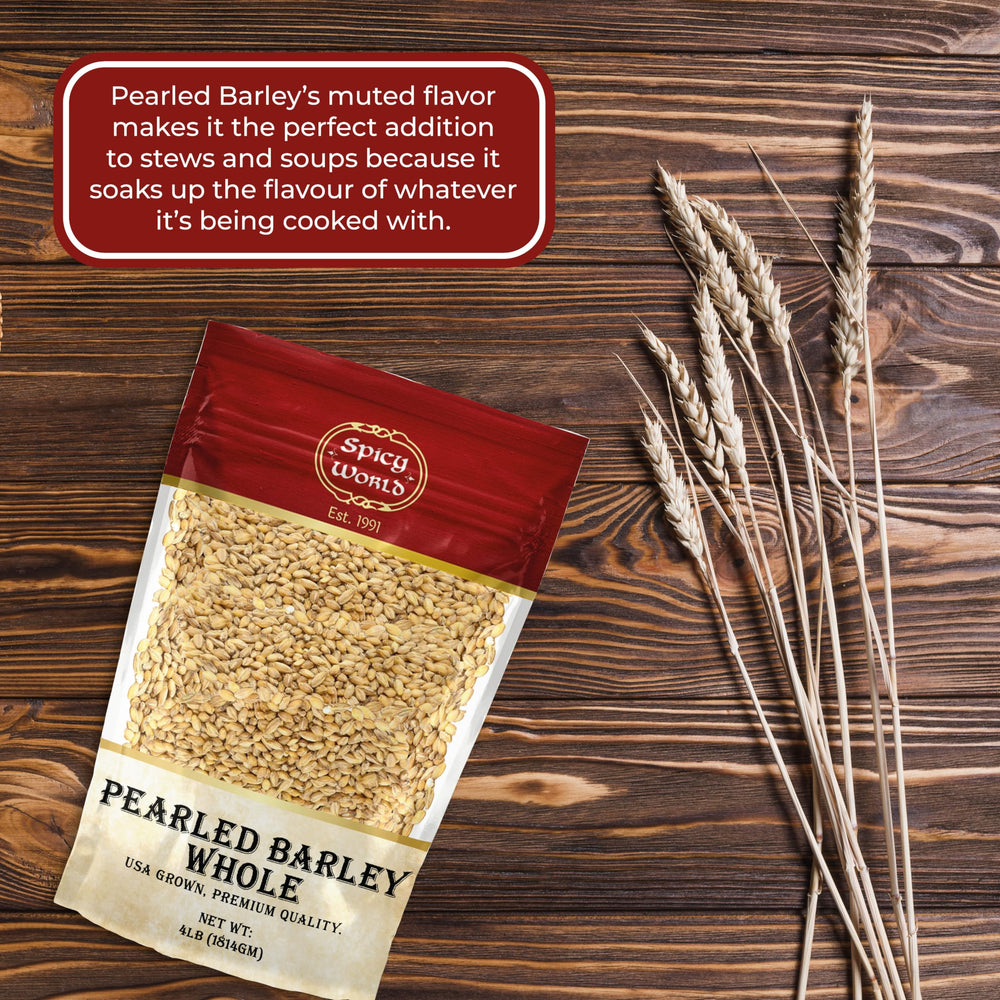 Spicy World Pearl Barley USA-grown label showcases domestic sourcing.