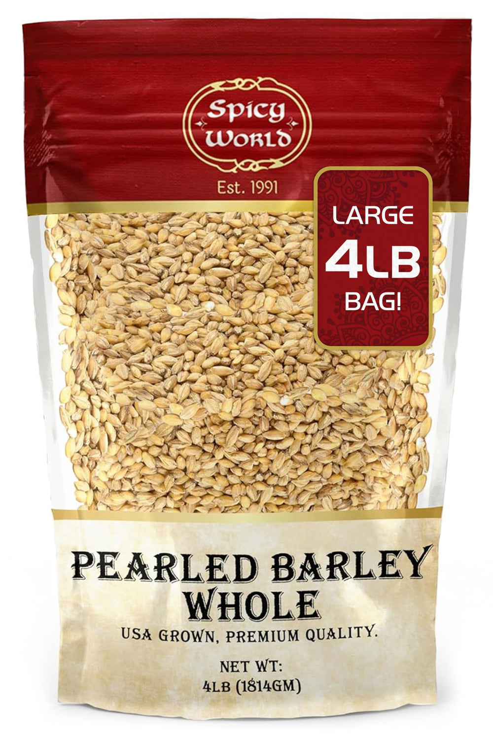 Spicy World Pearl Barley bag front, premium USA-grown grain for versatile cooking.