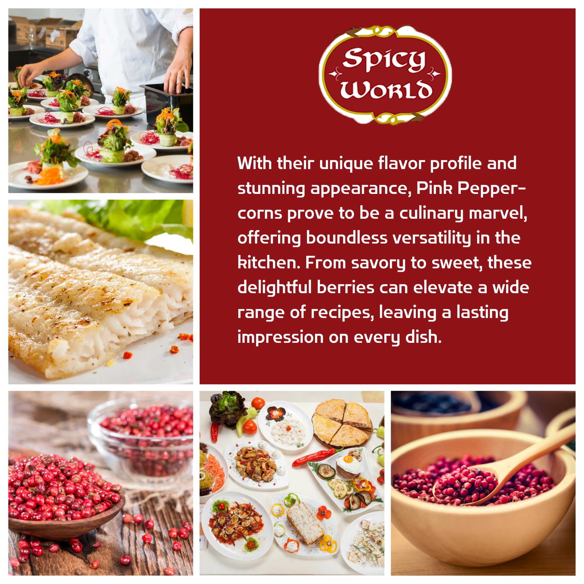 Spicy World Pink Peppercorns versatile seasoning for gourmet recipes.