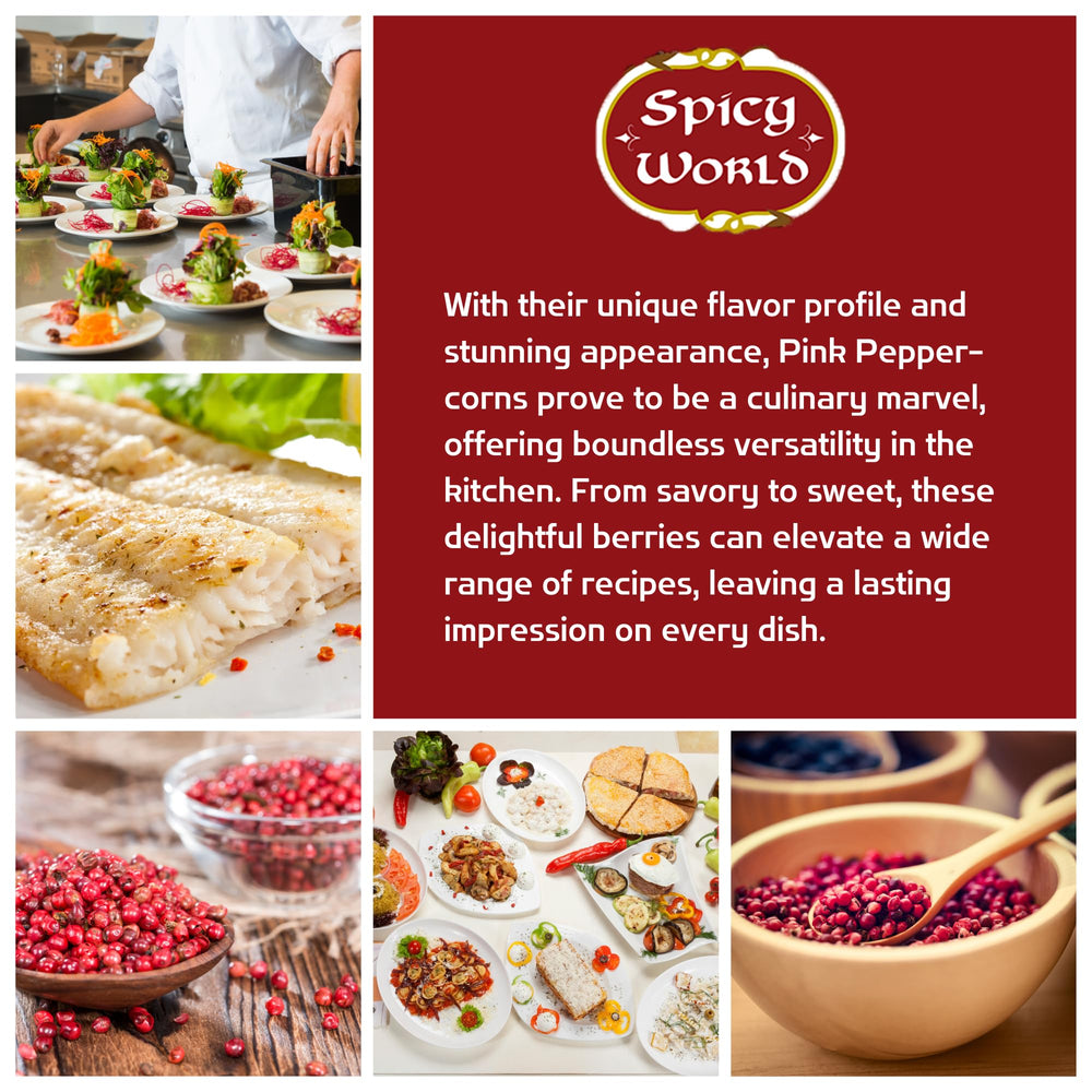 Spicy World Pink Peppercorns versatile seasoning for gourmet recipes.
