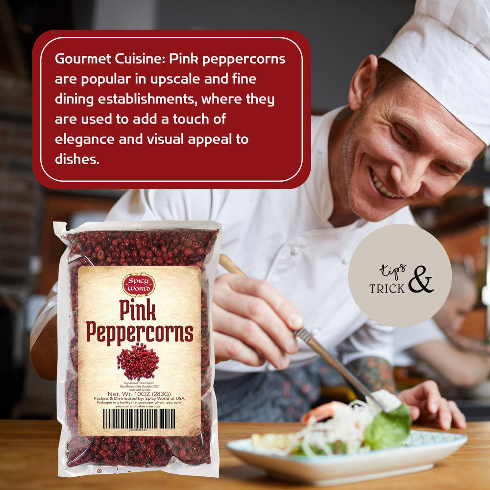Spicy World Pink Peppercorns premium whole berries elevate seafood and salads.