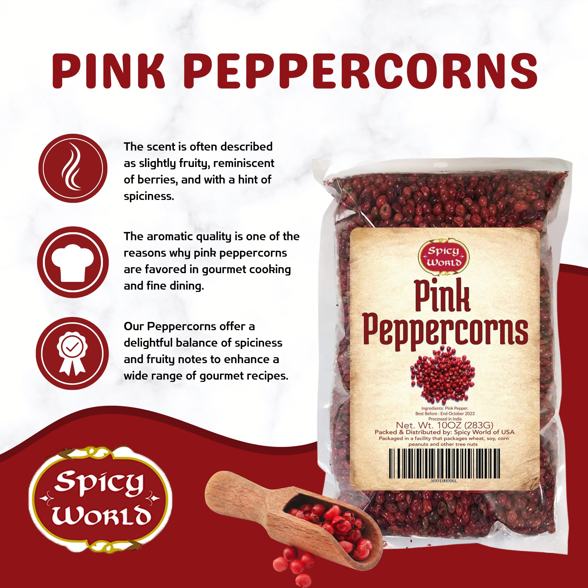 Spicy World Pink Peppercorns steam-sterilized packaging preserves aroma and freshness.