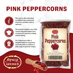 Spicy World Pink Peppercorns steam-sterilized packaging preserves aroma and freshness.