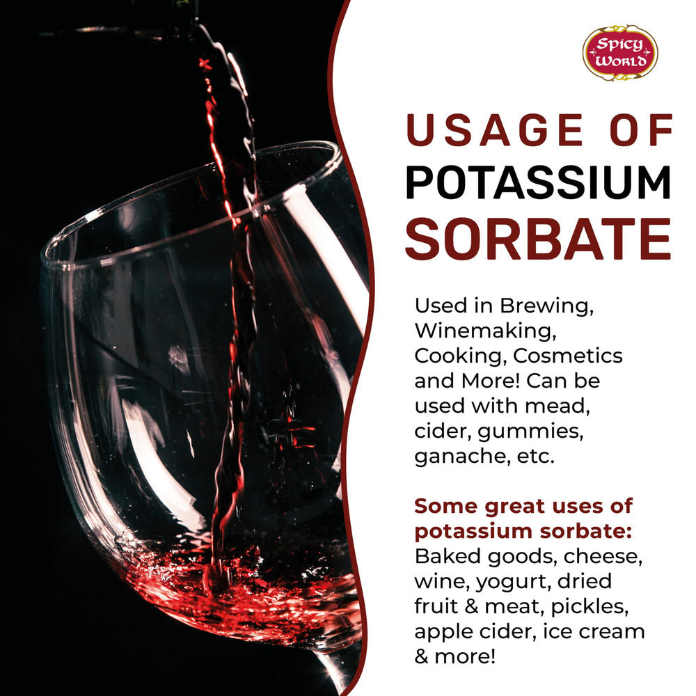 Spicy World potassium sorbate bottle pouring for bottling prep.