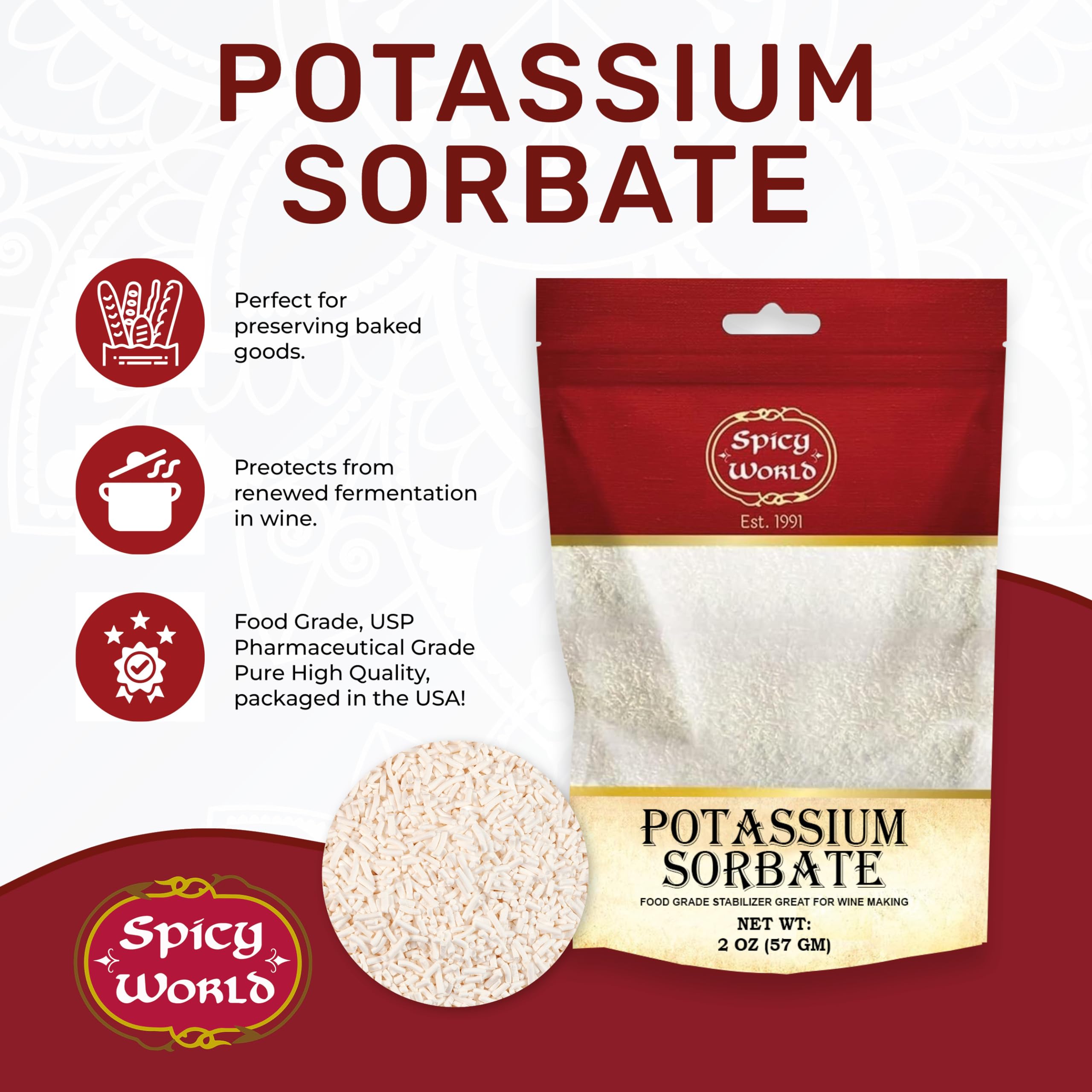 Spicy World potassium sorbate label closeup, purity for winemaking.