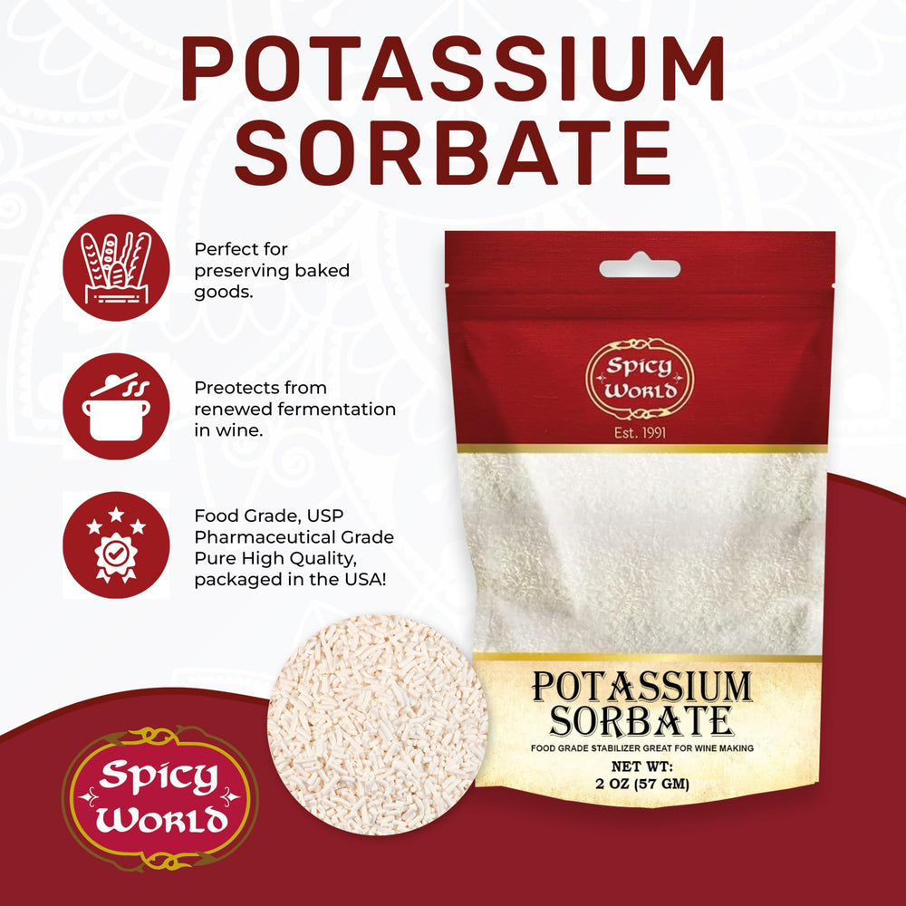 Spicy World potassium sorbate label closeup, purity for winemaking.