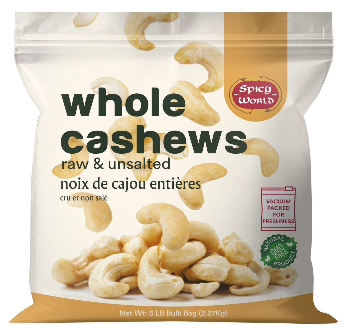 Spicy World raw cashews bulk bag front view highlighting bulk value.
