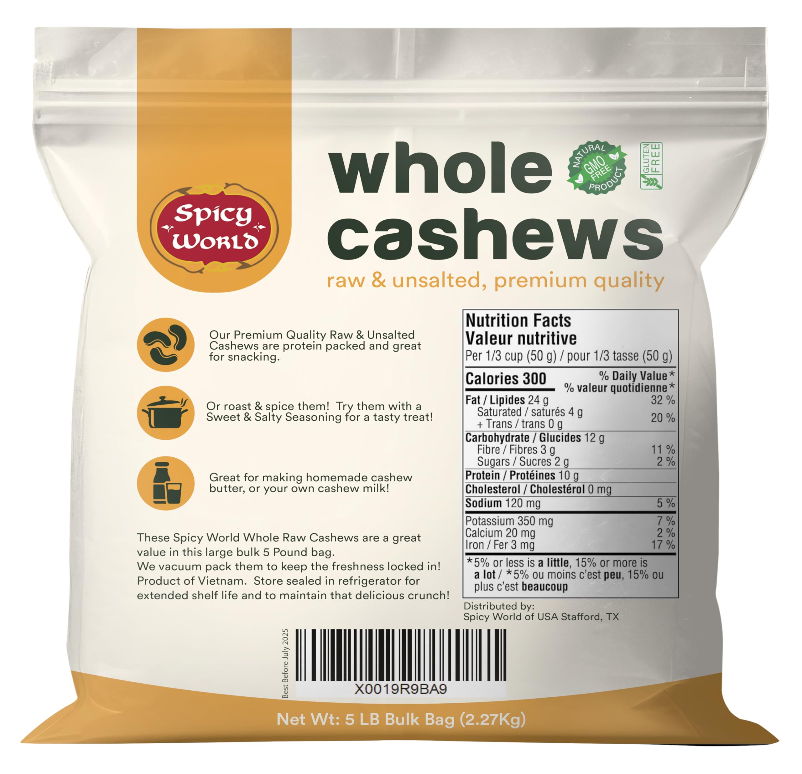 Spicy World raw cashews closeup texture showing creamy crunch.