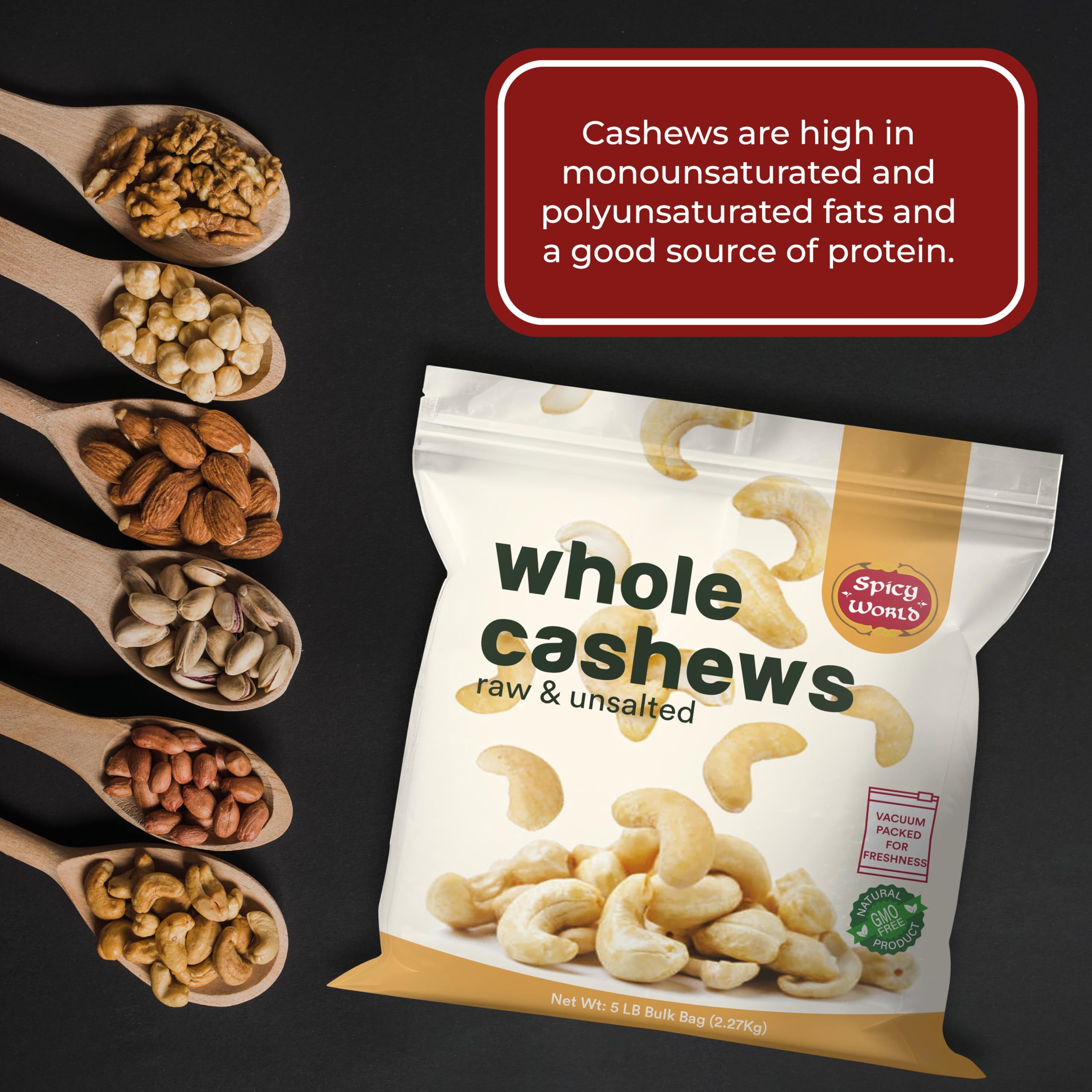 Spicy World raw cashews packaged in USA ensuring quality.