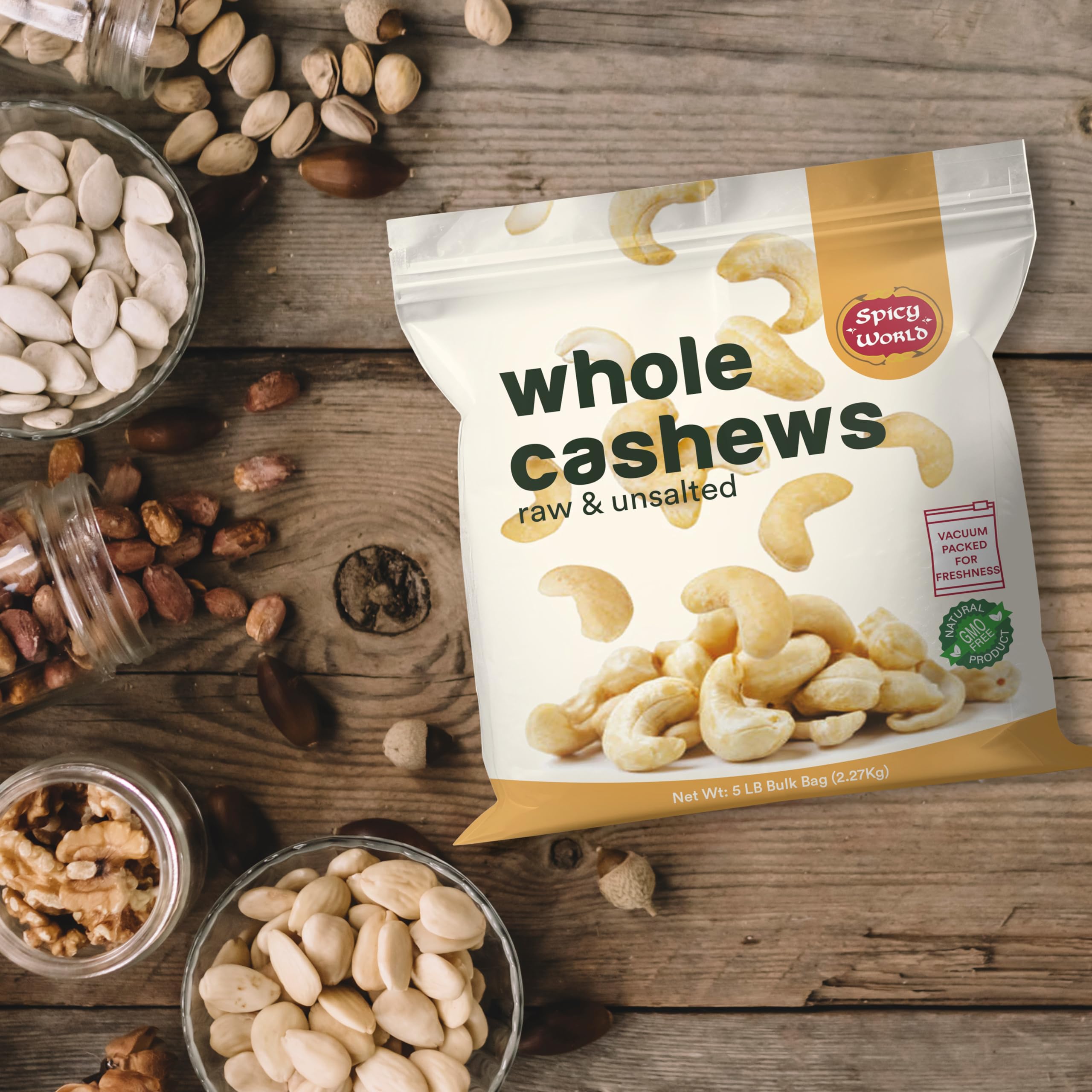Spicy World raw cashews for pesto preparation with mild flavor.
