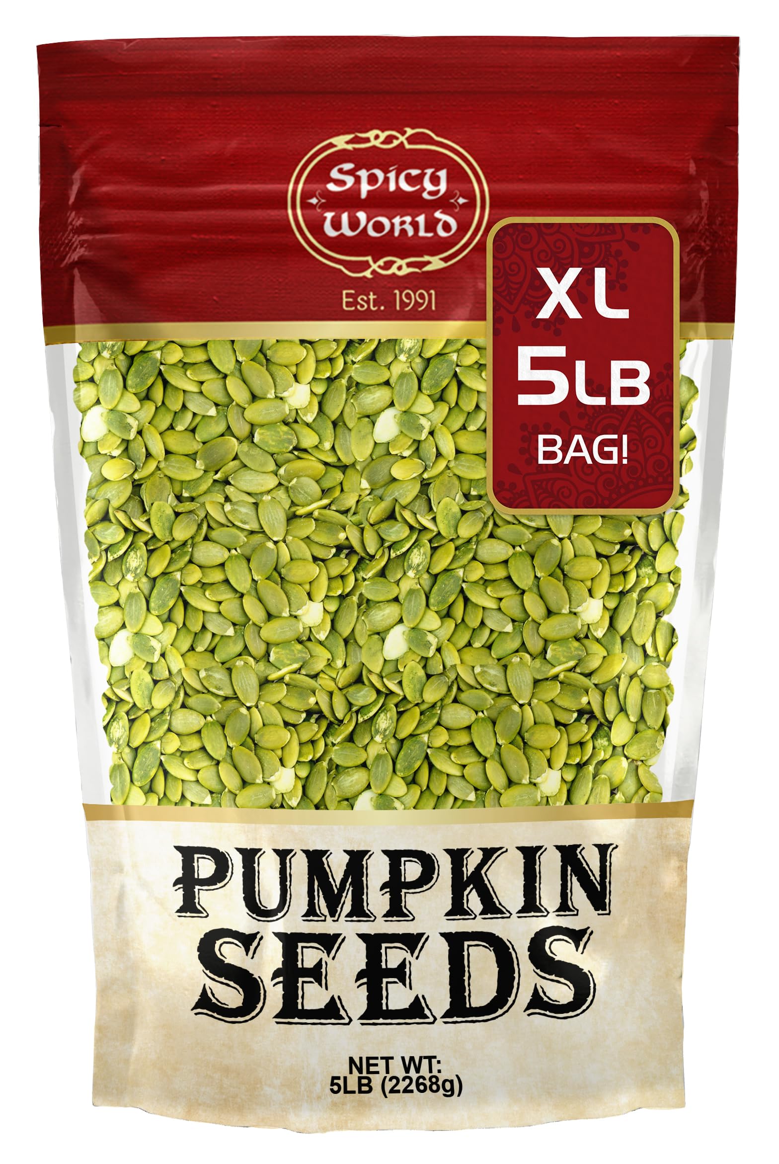 Spicy World raw pumpkin seeds front view for a convenient bulk snack option