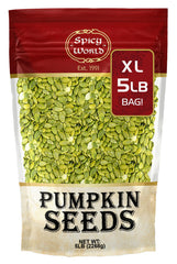 Spicy World raw pumpkin seeds front view for a convenient bulk snack option