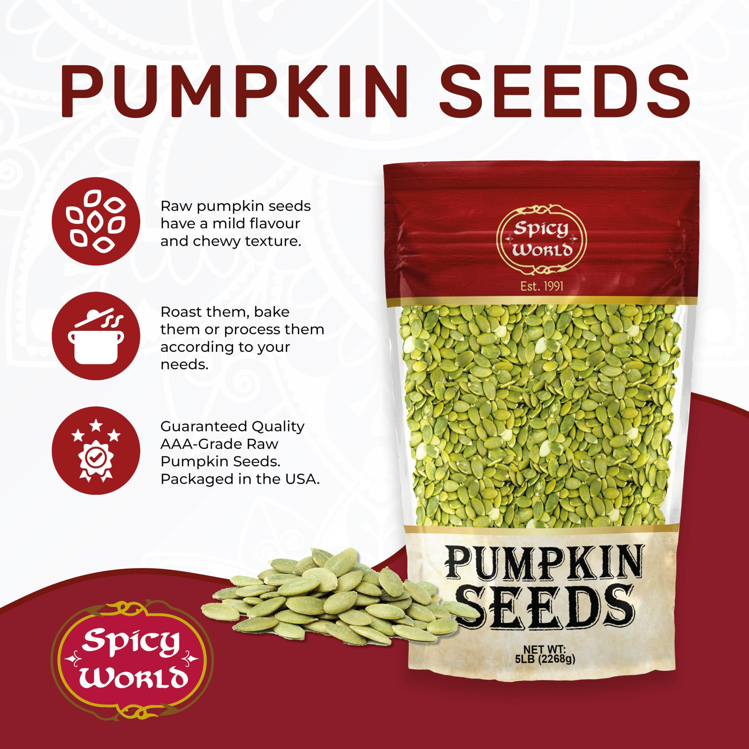 Spicy World raw pumpkin seeds open bag with spilled seeds for quick snacking