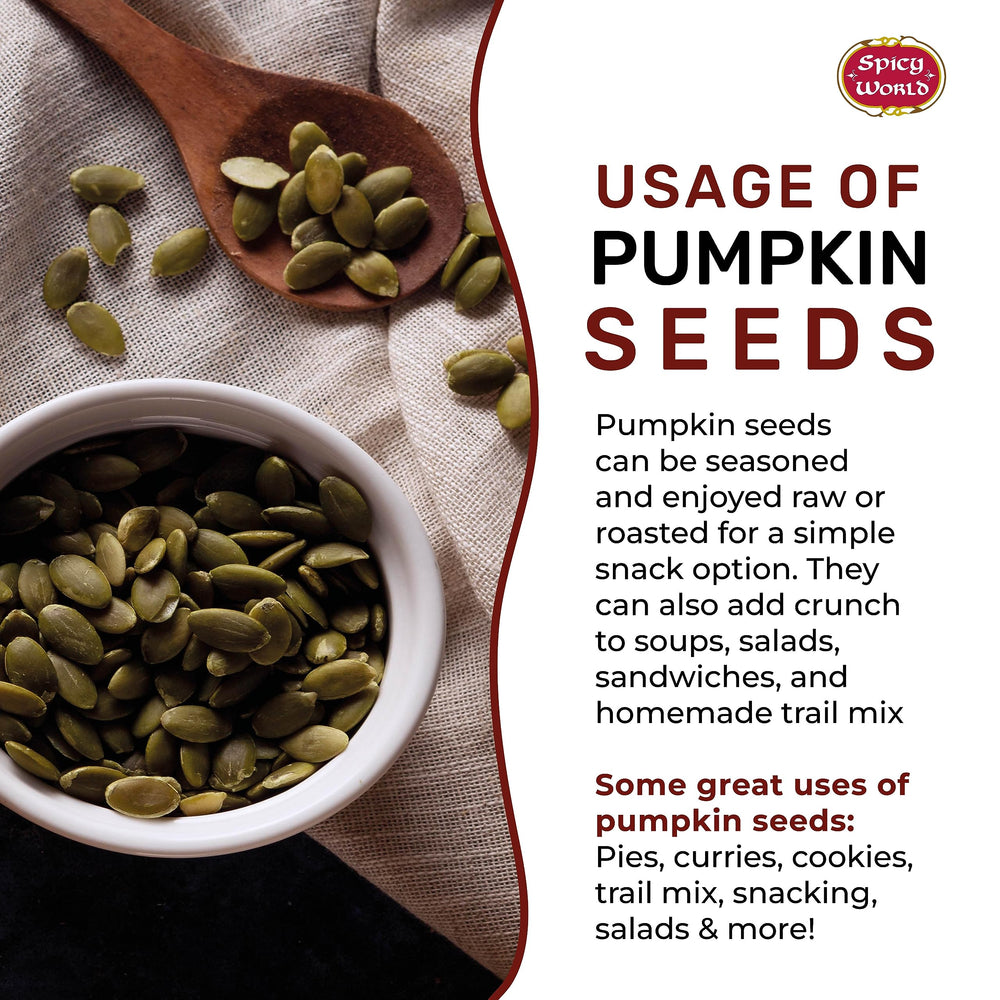 Spicy World raw pumpkin seeds texture closeup dry and ready for bulk storage