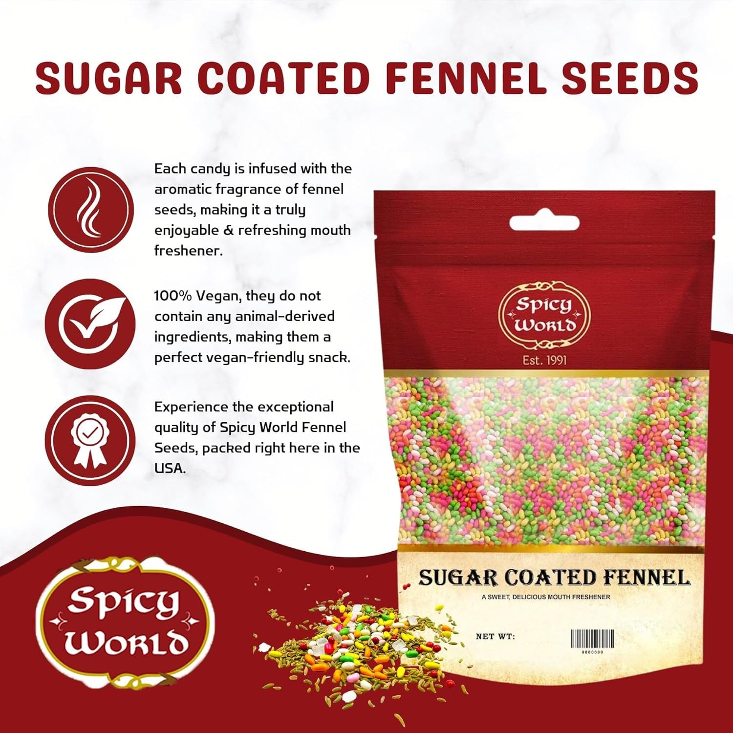 Spicy World saunf candy bag closeup with authentic Indian flavor