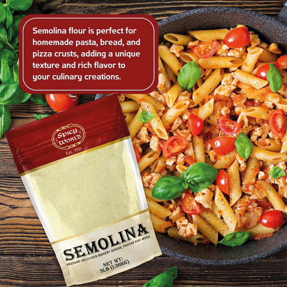 Spicy World semolina flour ideal for pizza crust textures.