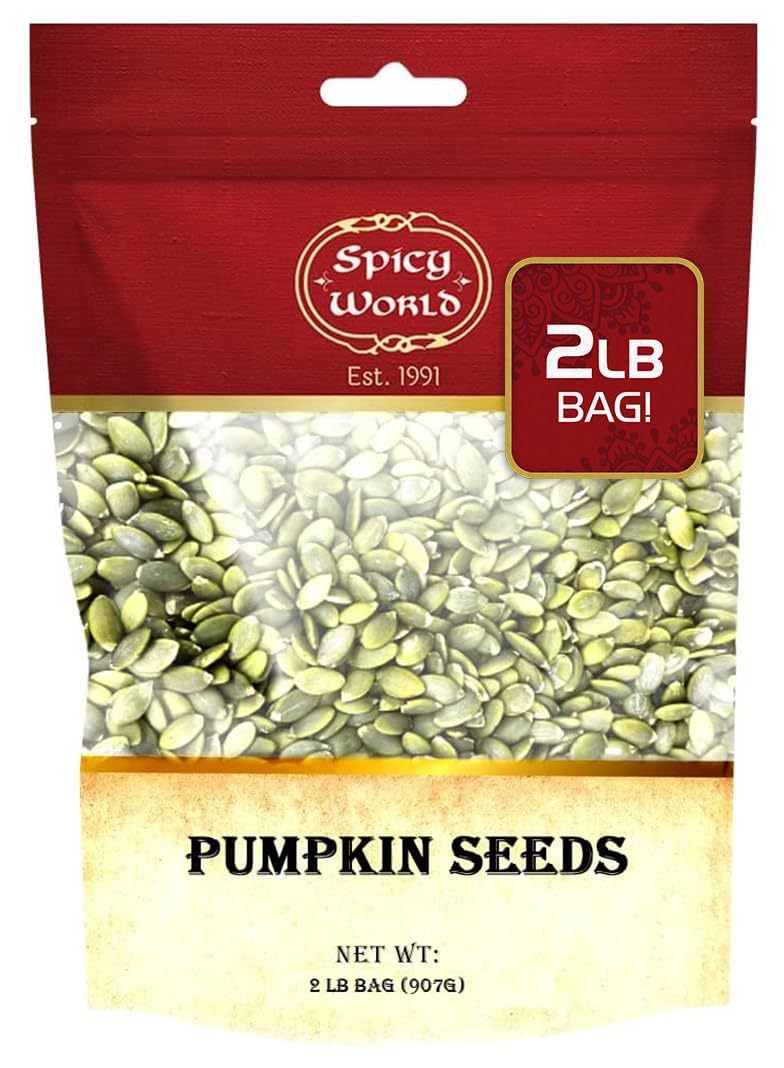 Spicy World shelled pumpkin seeds in a 2-lb bag for a crunchy snack.