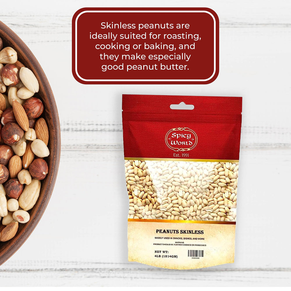 Spicy World skinless peanuts for baking and cooking in Asian dishes.
