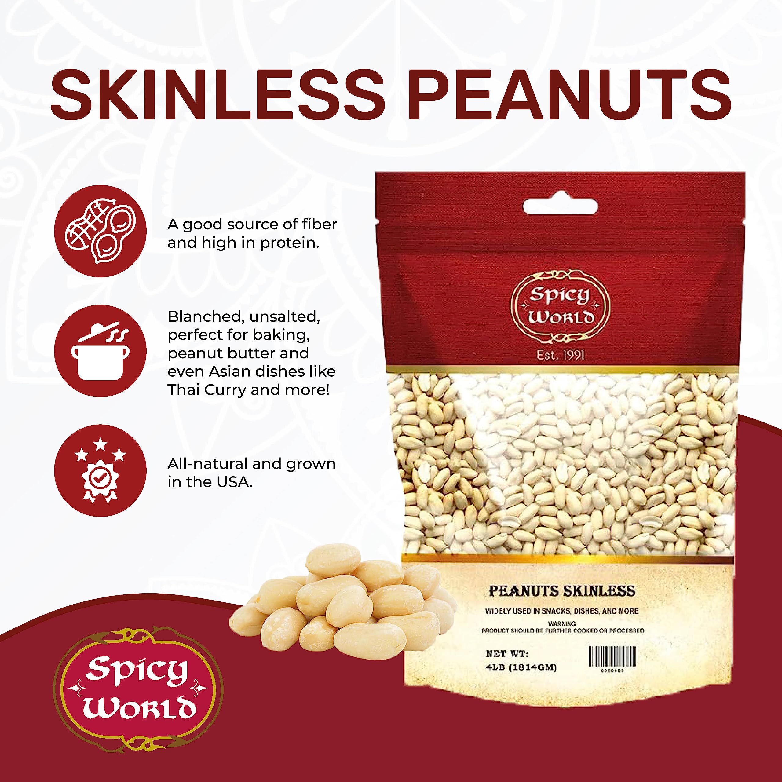 Spicy World skinless peanuts bulk bag back view showing 4 lb value.