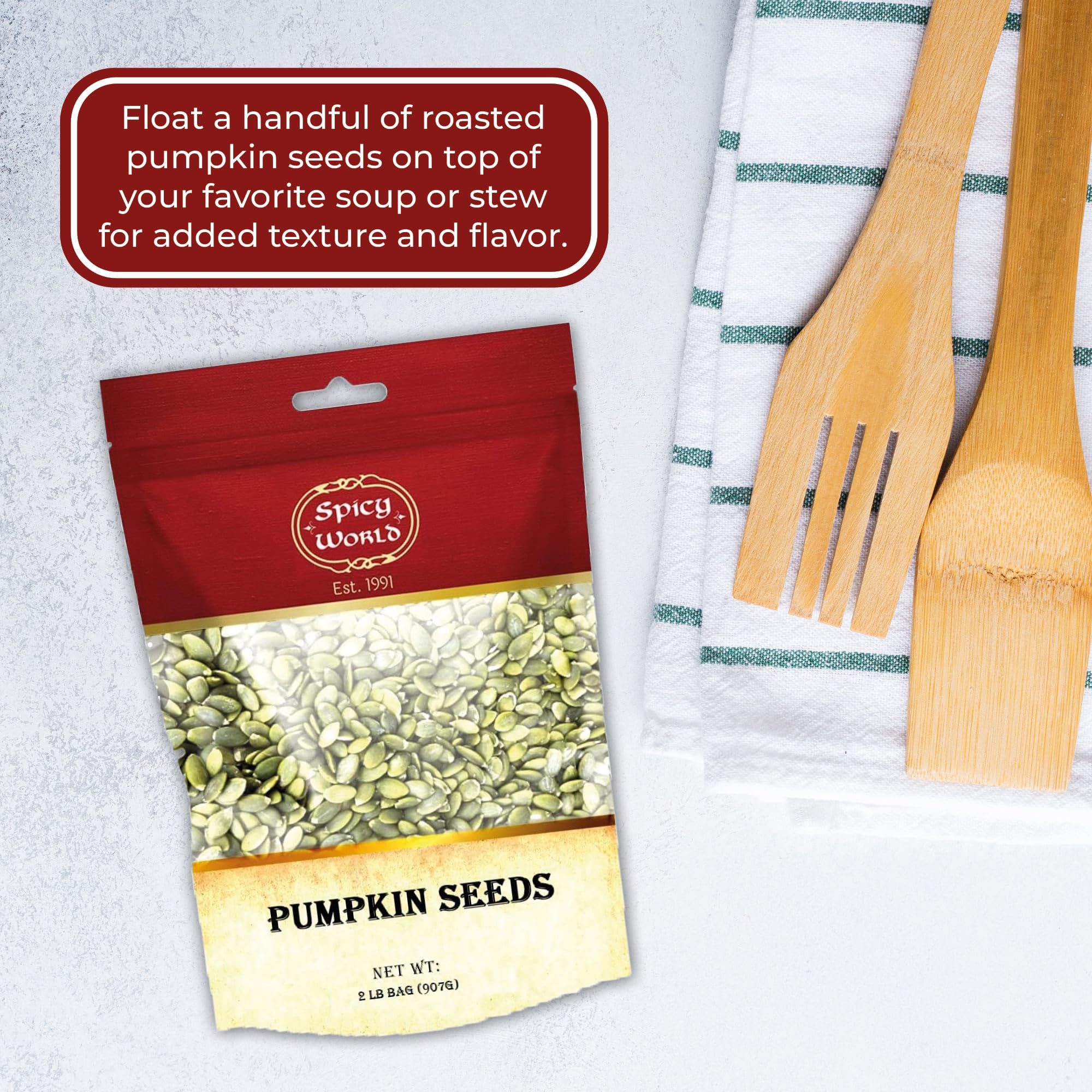 Spicy World snacking pumpkin seeds convenient, ready-to-eat crunch.