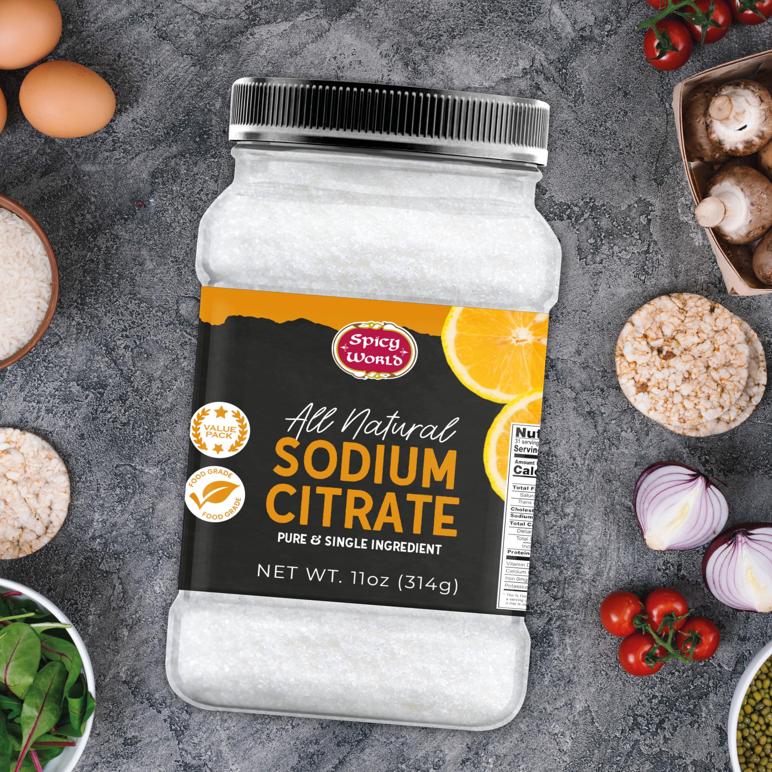 Spicy World sodium citrate label emphasizes gluten-free and clean ingredients.