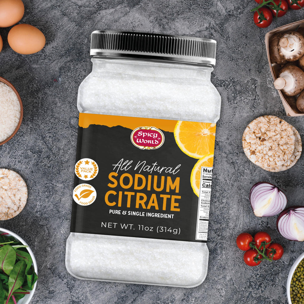 Spicy World sodium citrate label emphasizes gluten-free and clean ingredients.