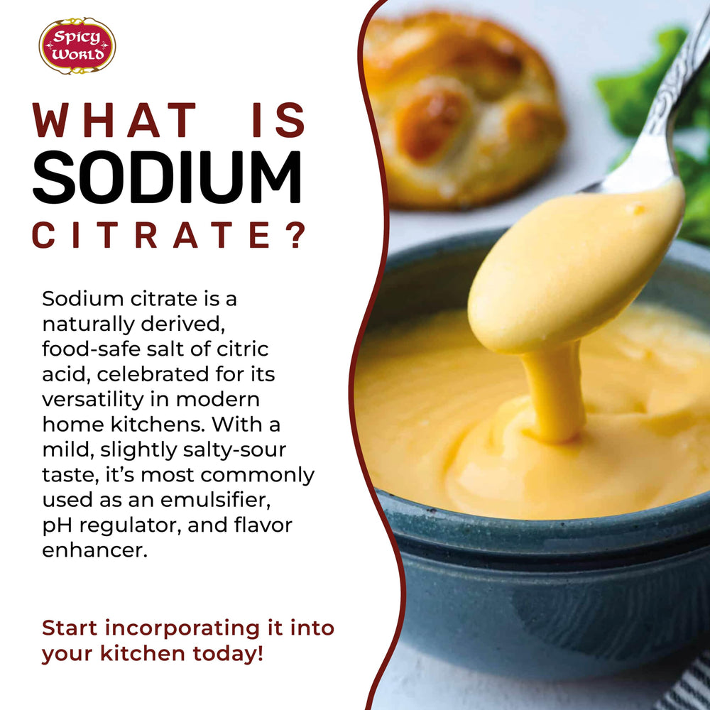 Spicy World sodium citrate in kitchen for meltable sauces and spherification.