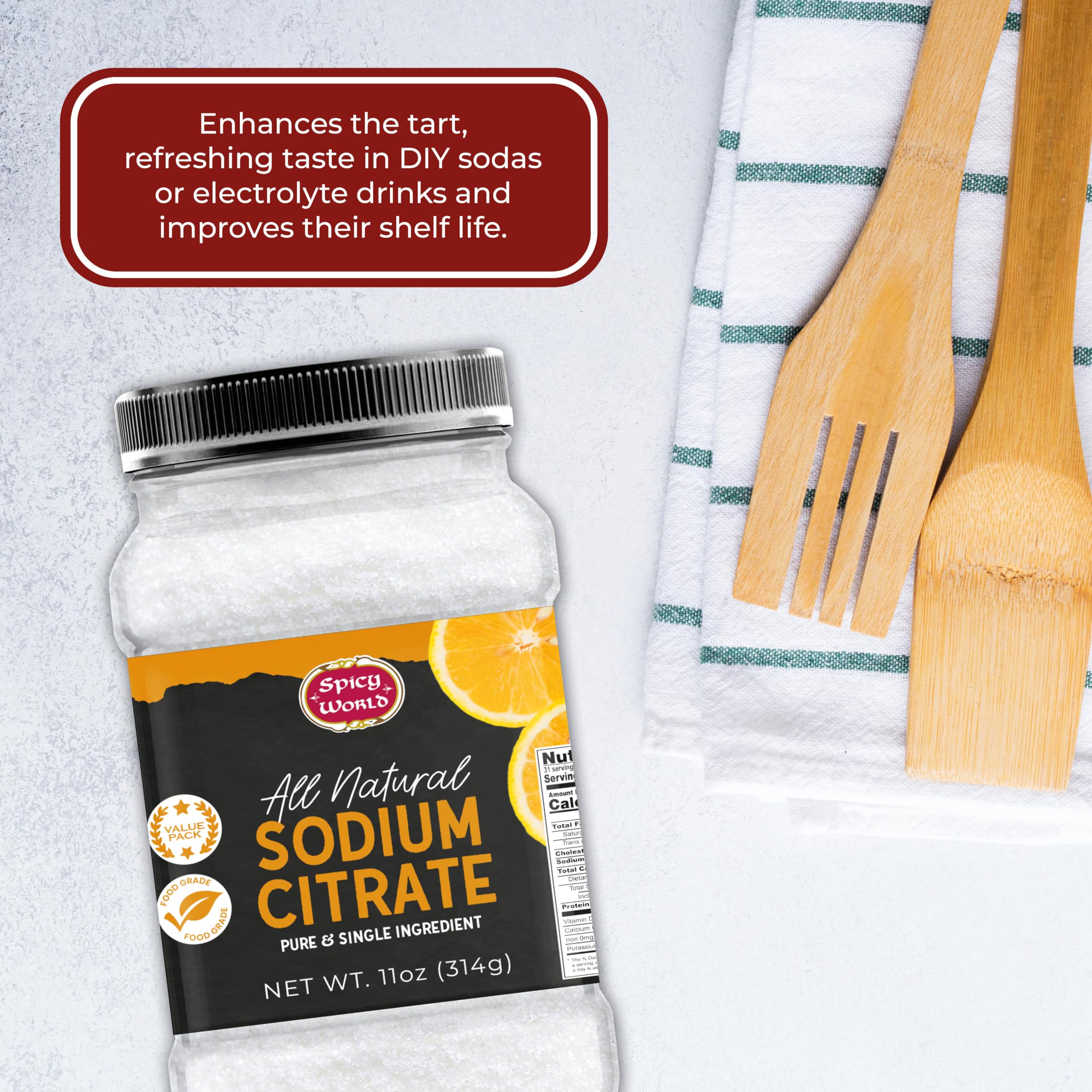 Spicy World sodium citrate non-GMO label underlines pure additive choice.