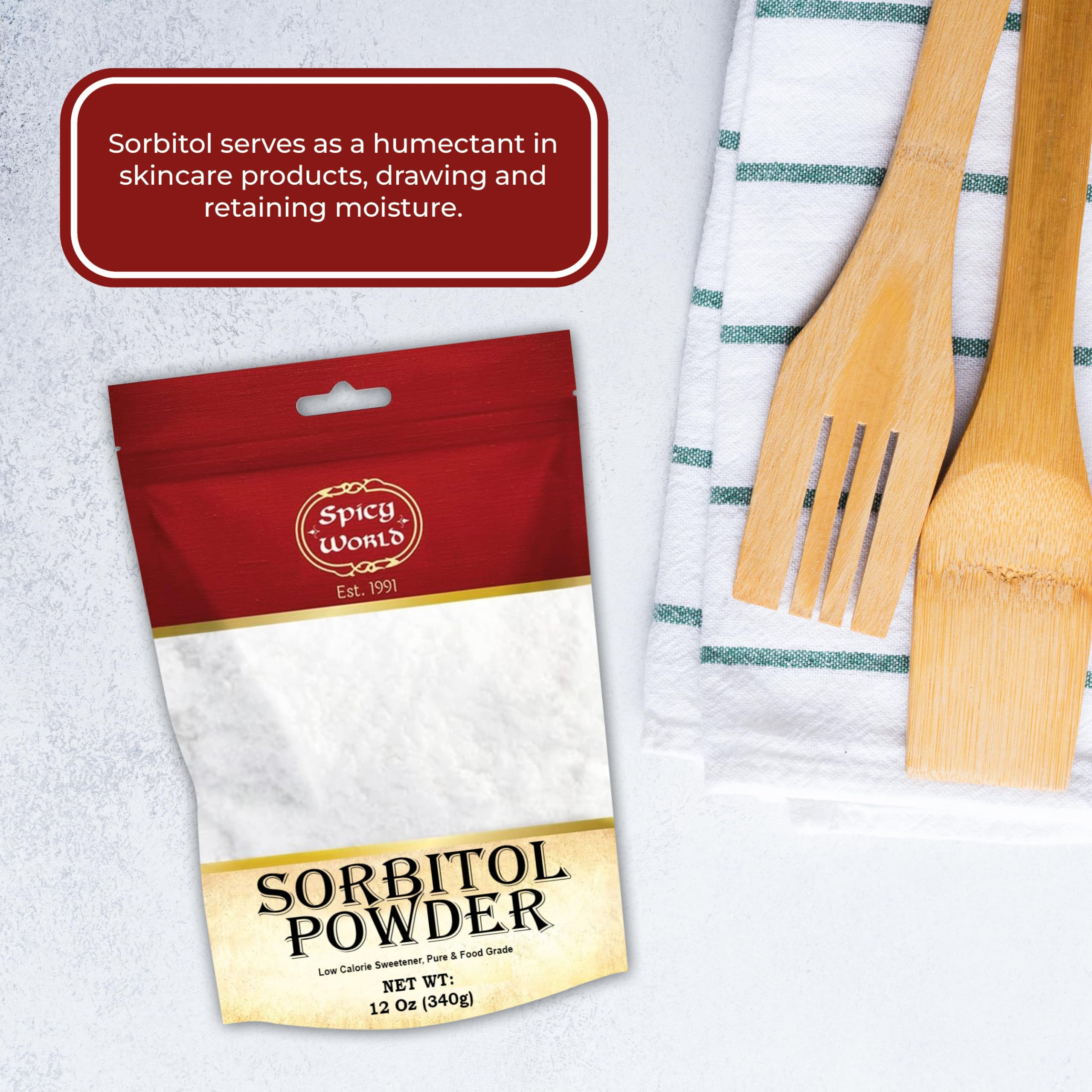 Spicy World Sorbitol powder beside measuring cups for baking.