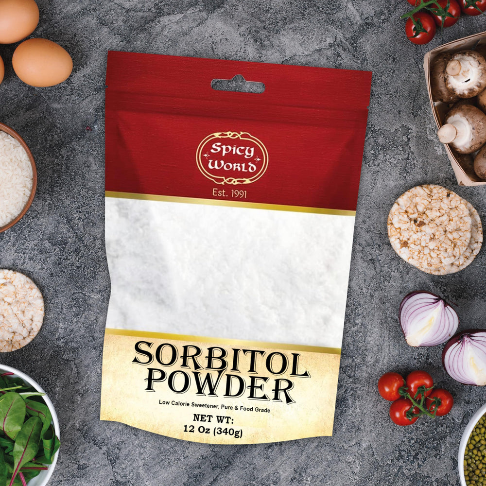 Spicy World Sorbitol powder labeled low-calorie sweetener.