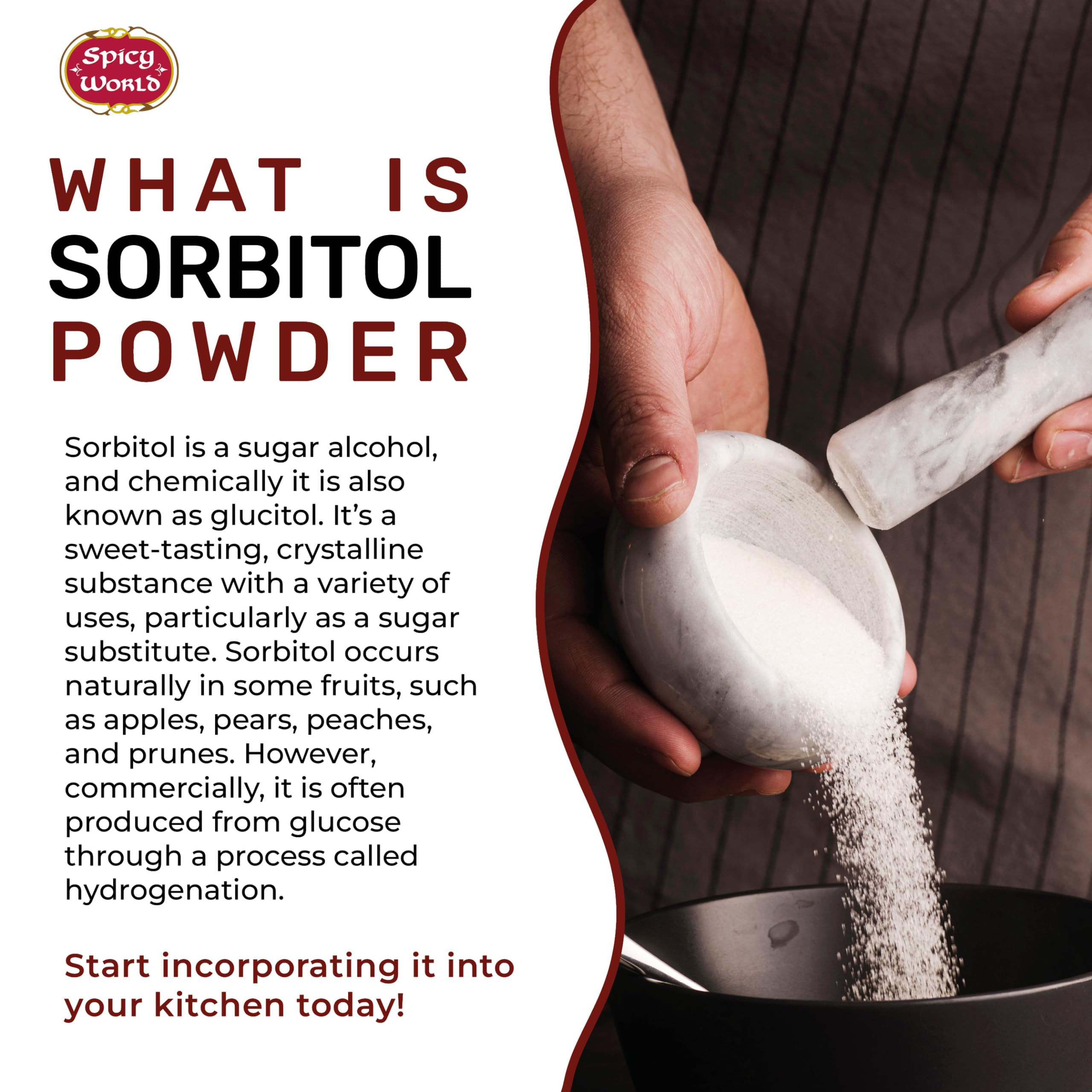 Spicy World Sorbitol powder poured from a measuring cup for sugar-free baking.