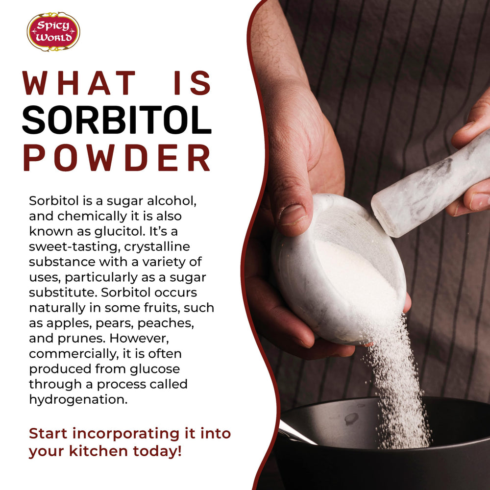 Spicy World Sorbitol powder poured from a measuring cup for sugar-free baking.