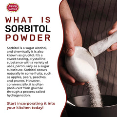 Spicy World Sorbitol powder poured from a measuring cup for sugar-free baking.