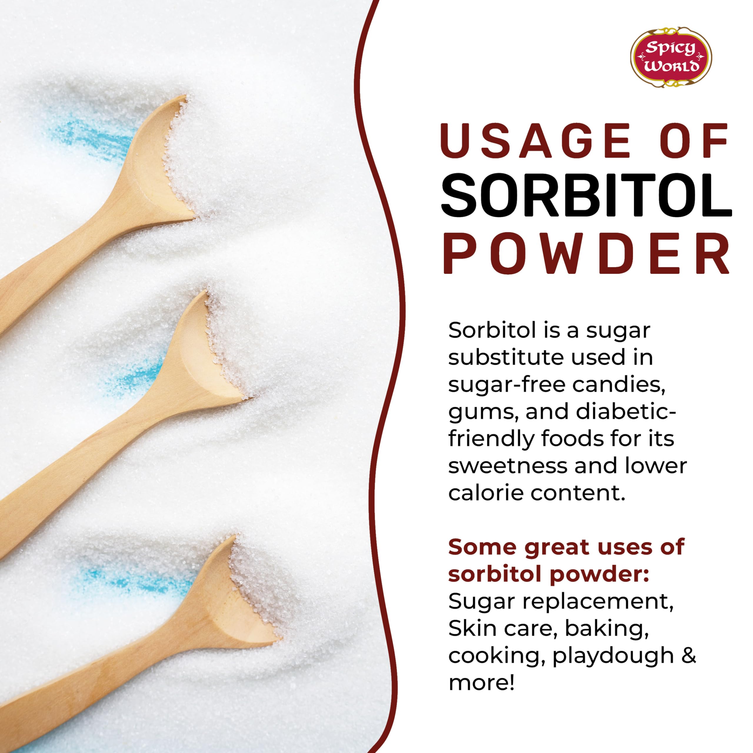 Spicy World Sorbitol powder texture close-up shows fine, silky crystals.