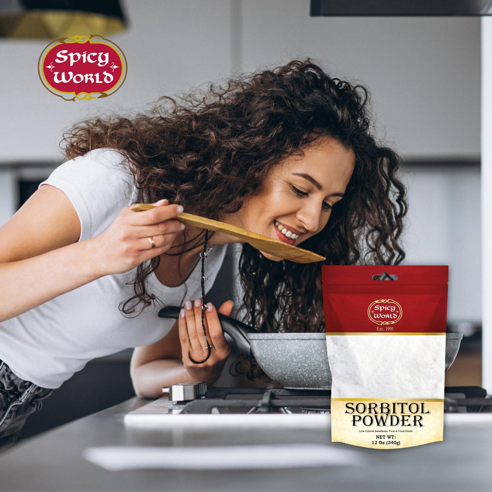 Spicy World Sorbitol powder vegan-friendly label on packaging.