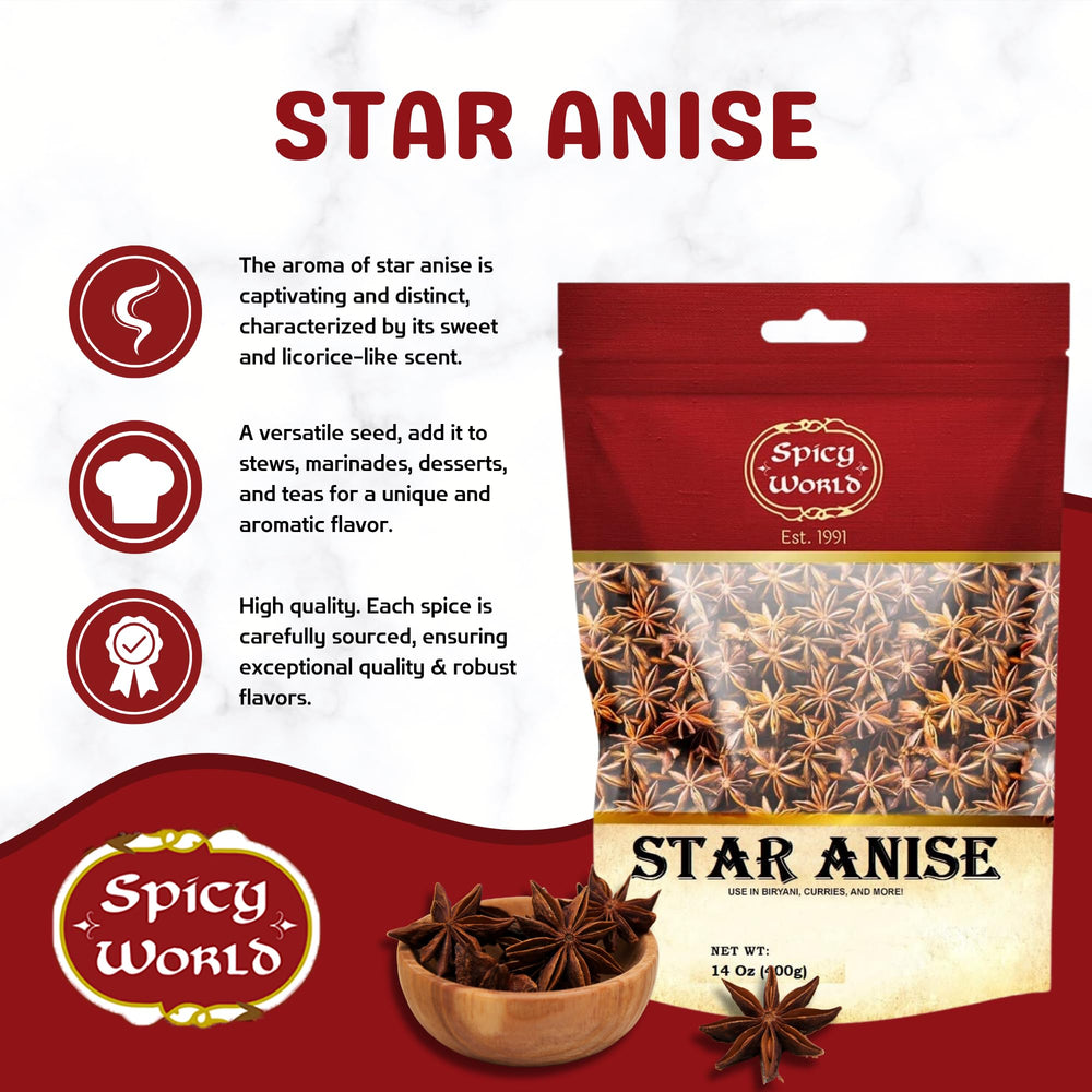 Spicy World star anise pods on spice shelf add vibrant aroma.