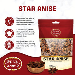 Spicy World star anise pods on spice shelf add vibrant aroma.