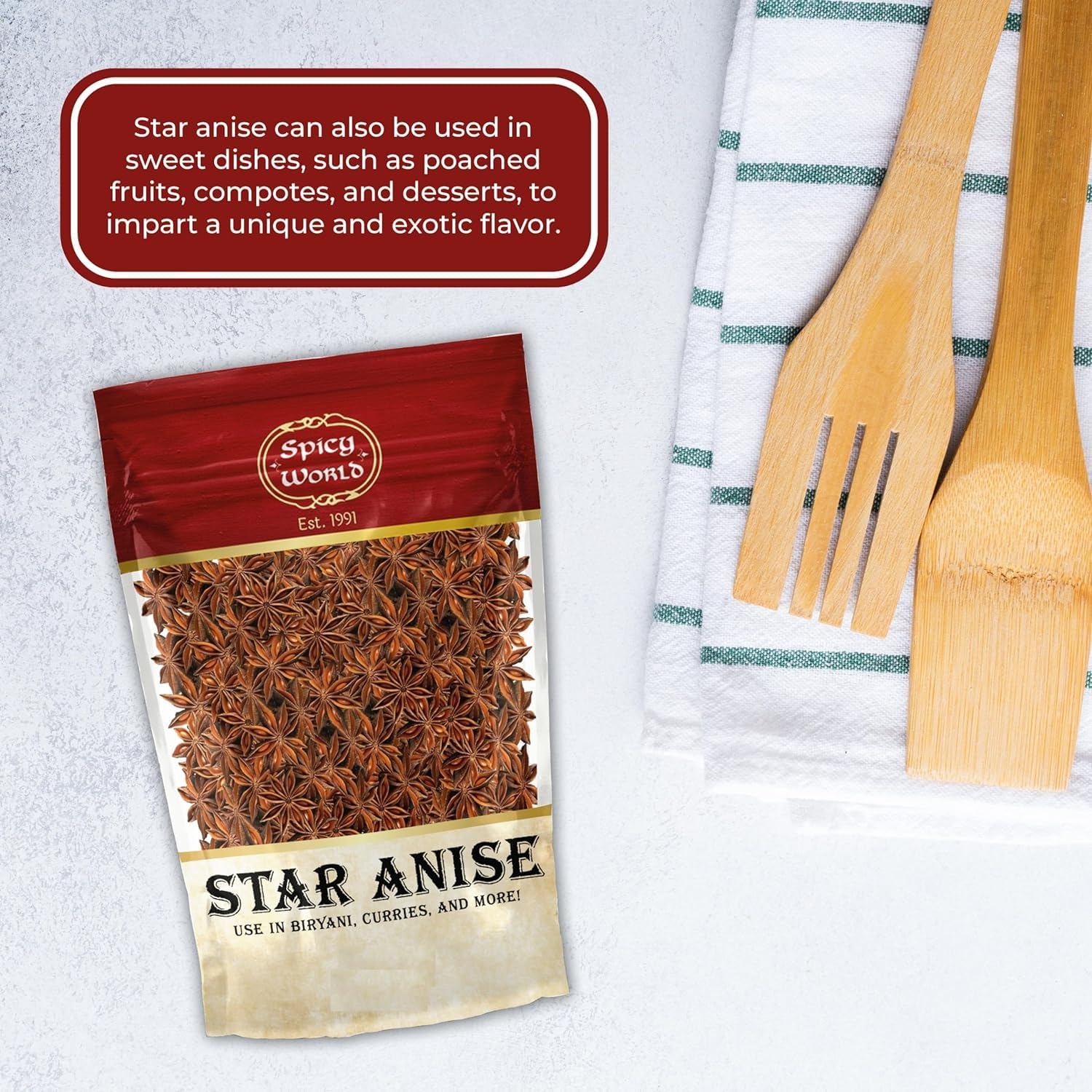 Spicy World star anise in stews enhances aroma and flavor.