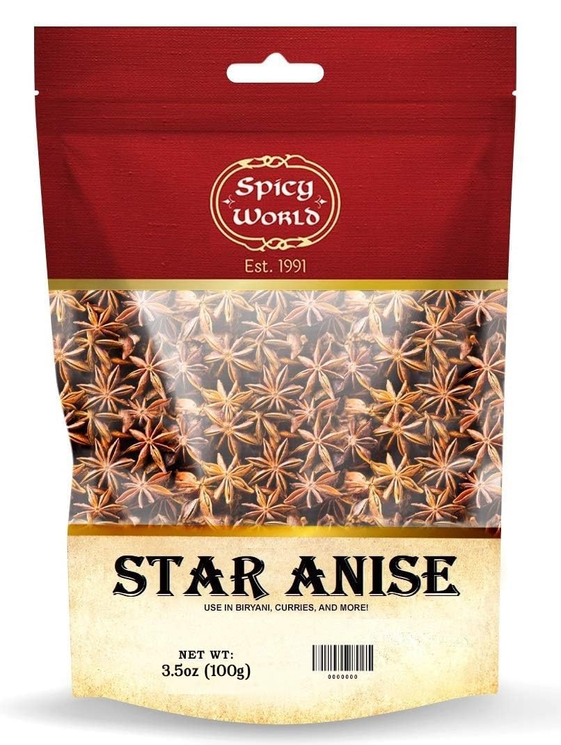 Spicy World star anise whole pods in a 3.5oz bag for simmering teas and stews.