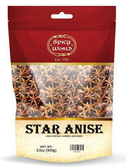 Spicy World star anise whole pods in a 3.5oz bag for simmering teas and stews.
