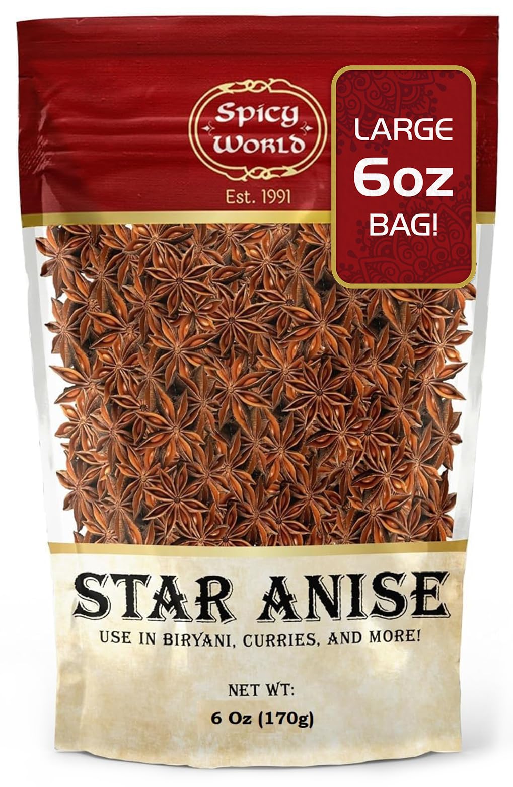 Spicy World star anise whole pods in a 6-oz bag ideal for baking and tea.