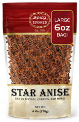 Spicy World star anise whole pods in a 6-oz bag ideal for baking and tea.