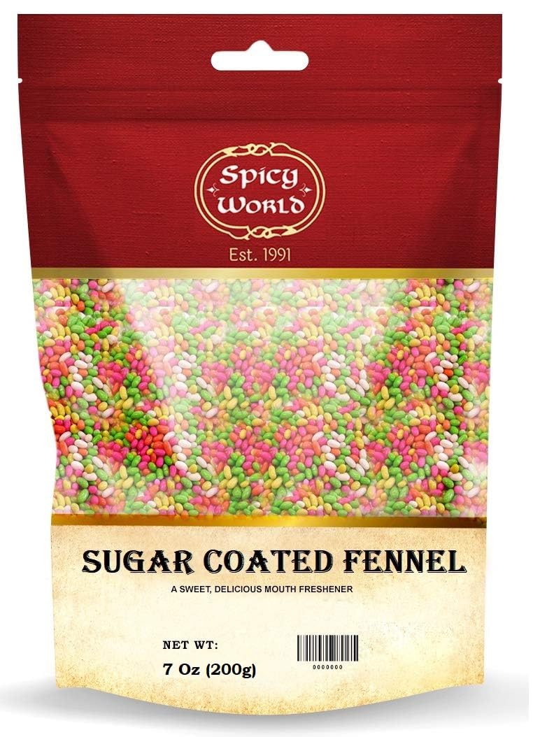Spicy World sugar-coated fennel seeds 7oz pack closeup for fresh breath