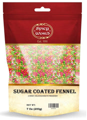 Spicy World sugar-coated fennel seeds 7oz pack closeup for fresh breath