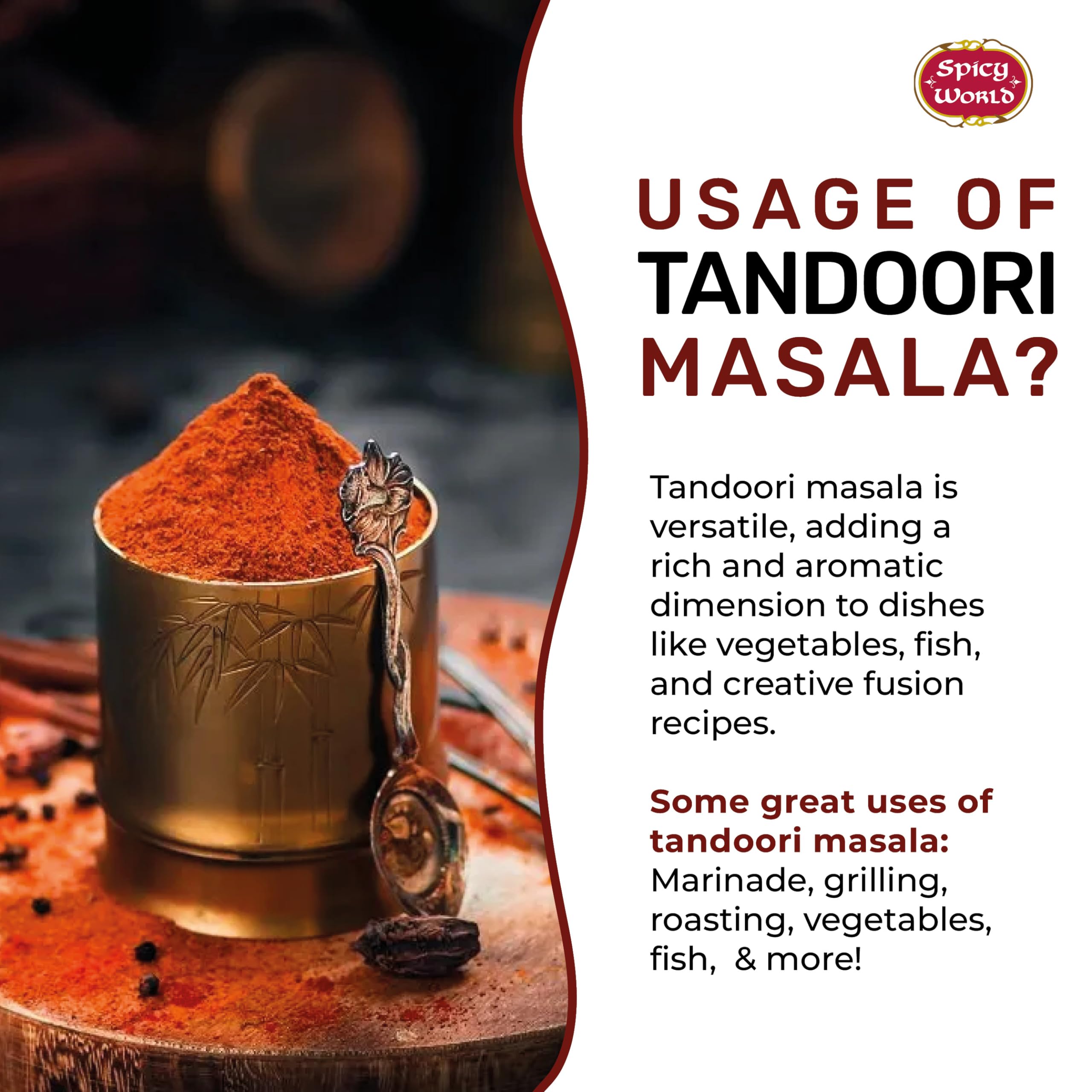 Spicy World Tandoori Masala jar showcases premium blend and aroma.
