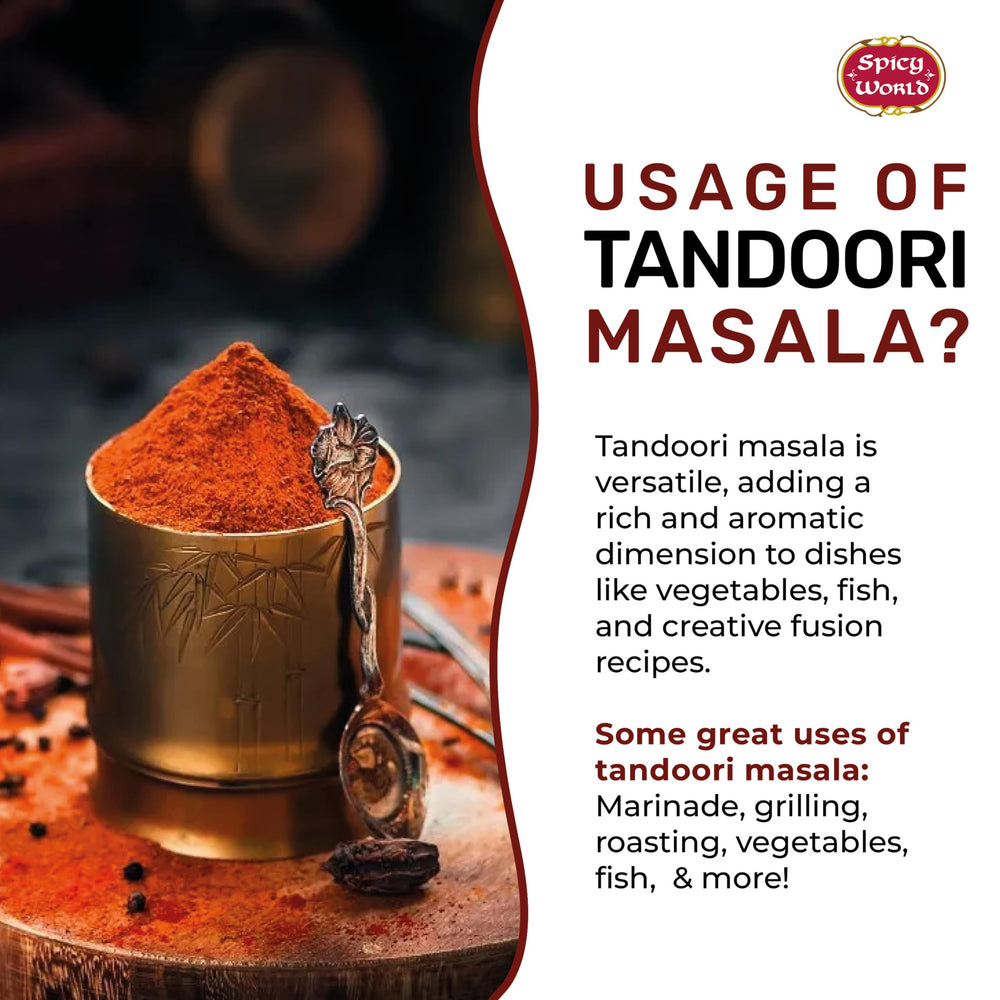 Spicy World Tandoori Masala jar showcases premium blend and aroma.