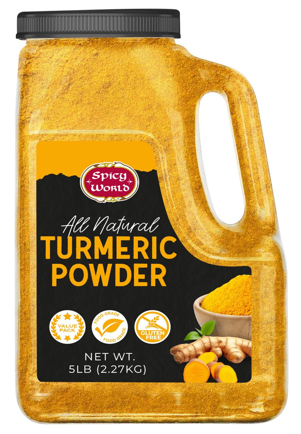 Spicy World turmeric powder 5lb jar adds vibrant color and warm aroma to dishes.