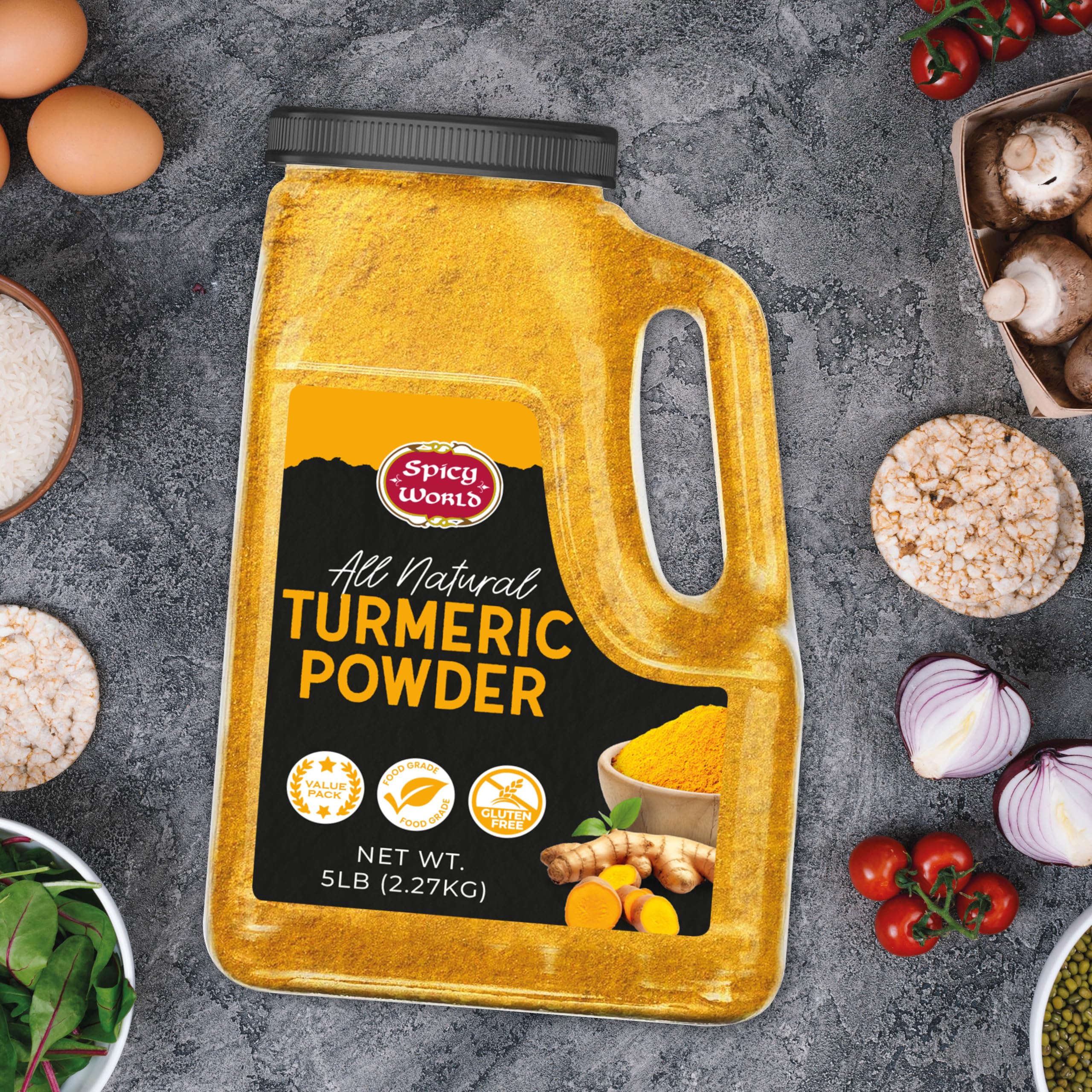 Spicy World turmeric powder ideal for cooking, soups, and rice.