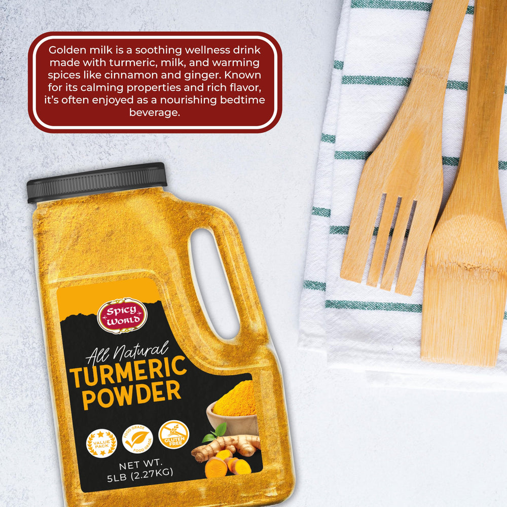 Spicy World turmeric powder supports golden milk and smoothie recipes.