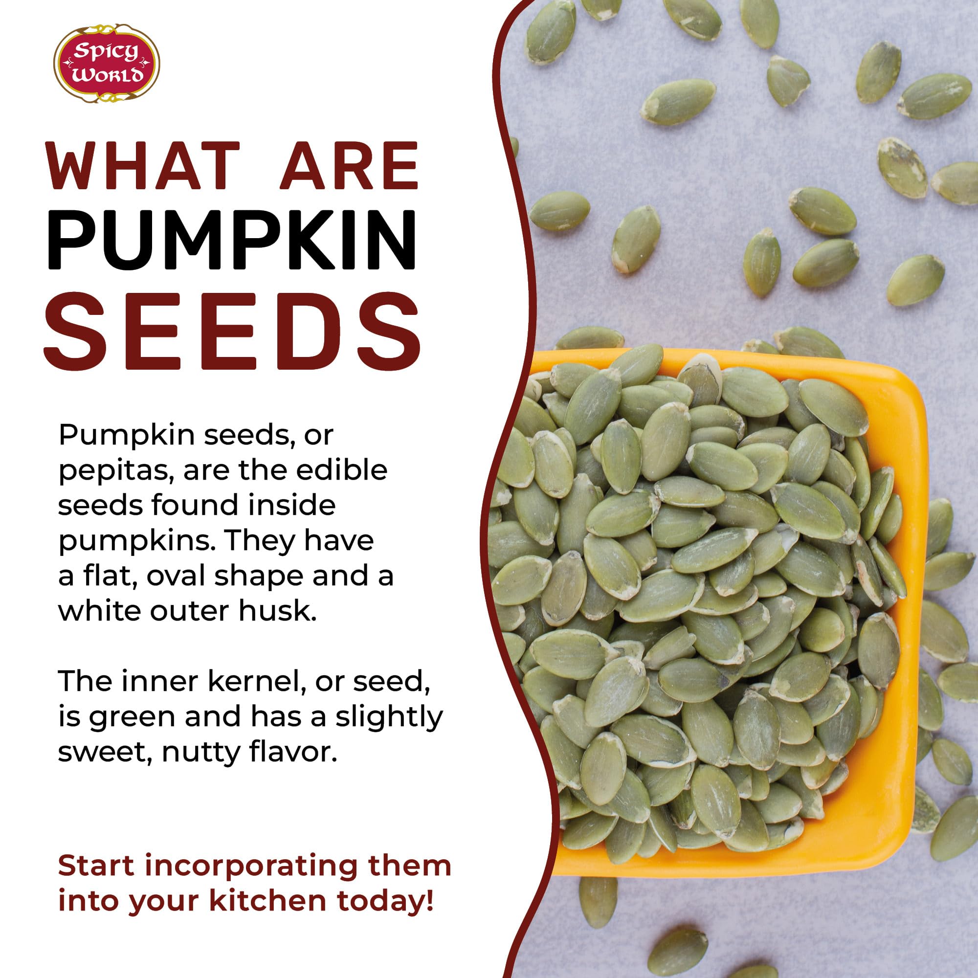 Spicy World unsalted pumpkin seeds provide a clean, versatile base for recipes.